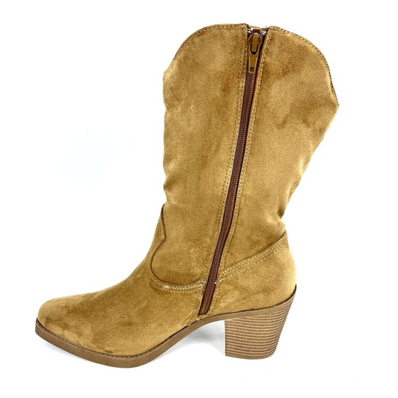 POP Natural Faux Suede Cowgirl Boots Womens SZ 10 Side Zip Chunky Heel Boho Chic - Picture 4 of 13